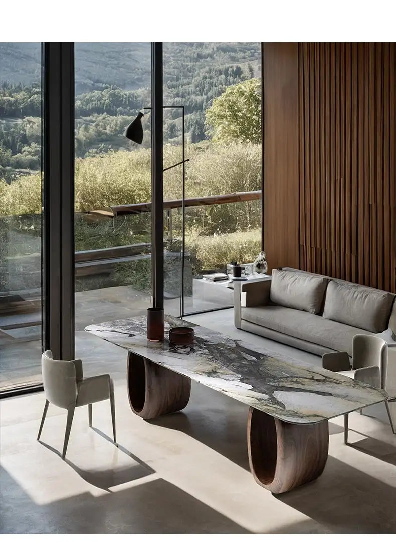 Luxury Natural Marble Dining Table, Rectangle Italian Modern Design with Walnut Wood, Customizable Designer Table for Villa
