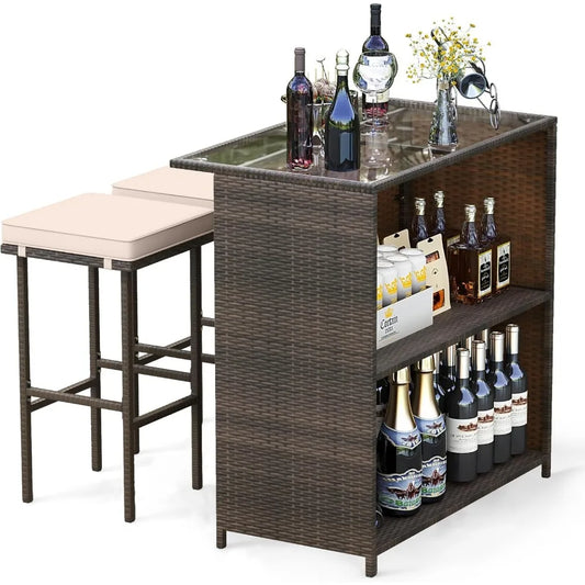 3 Piece Patio Bar Set, Outdoor Rattan Bar Table and 2 Stools with Tempered Glass Tabletop, 2-Tier Storage, Removable Cushions,