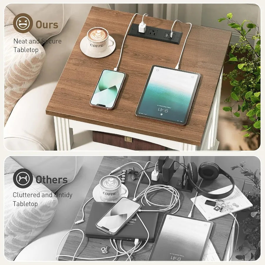 Large farmhousestyle end table with integrated charging station featuring drawers and open shelf for enhanced storage ideal for