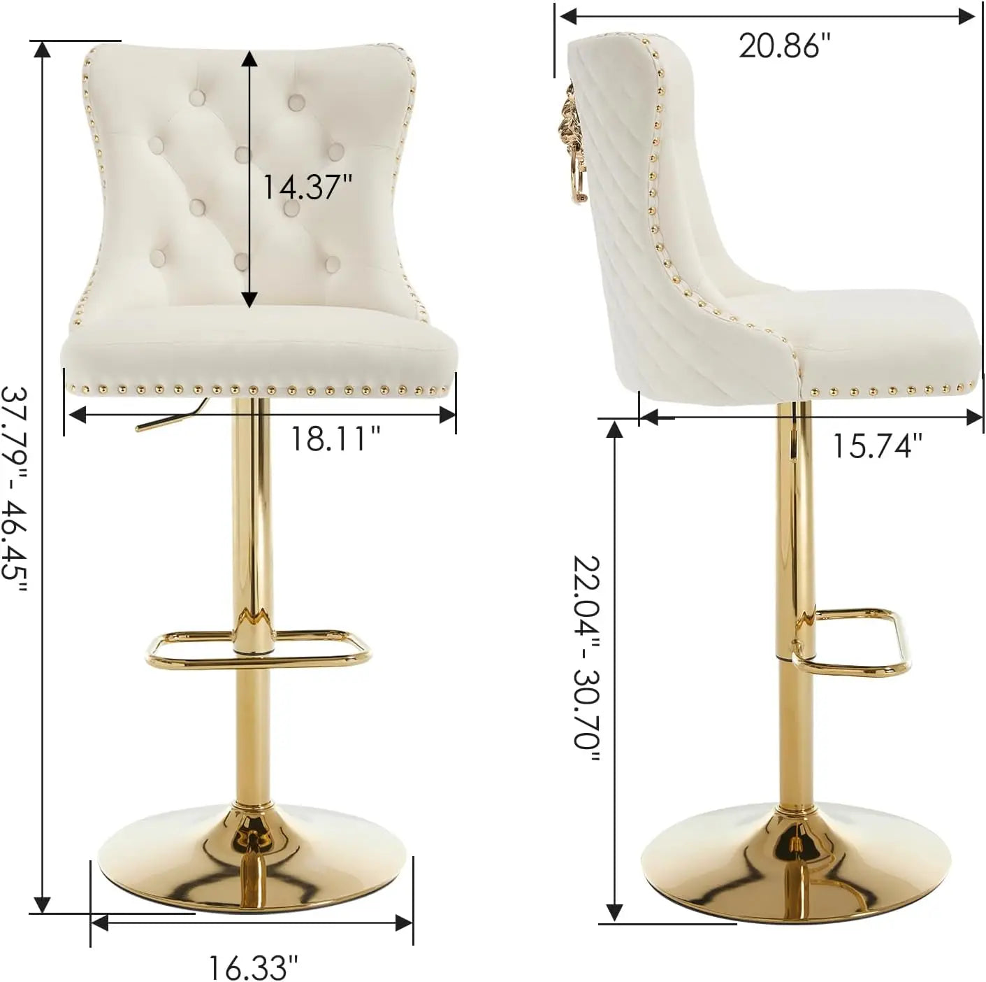 Gold Bar Stools Set of 6,  Velvet Tufted Barstools Upholstered Bar Height Chairs for Kitchen Island, Dining Room, Cafe, Cream