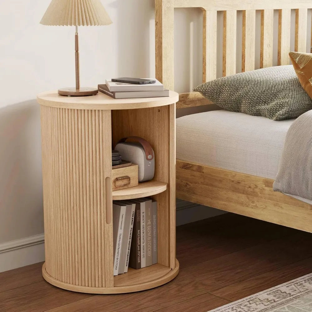 Round Fluted End Table, Tall Side Table with Sliding Tambour Door and Storage Shelf, Modern Bedside Table, Mid-Century Nightsta