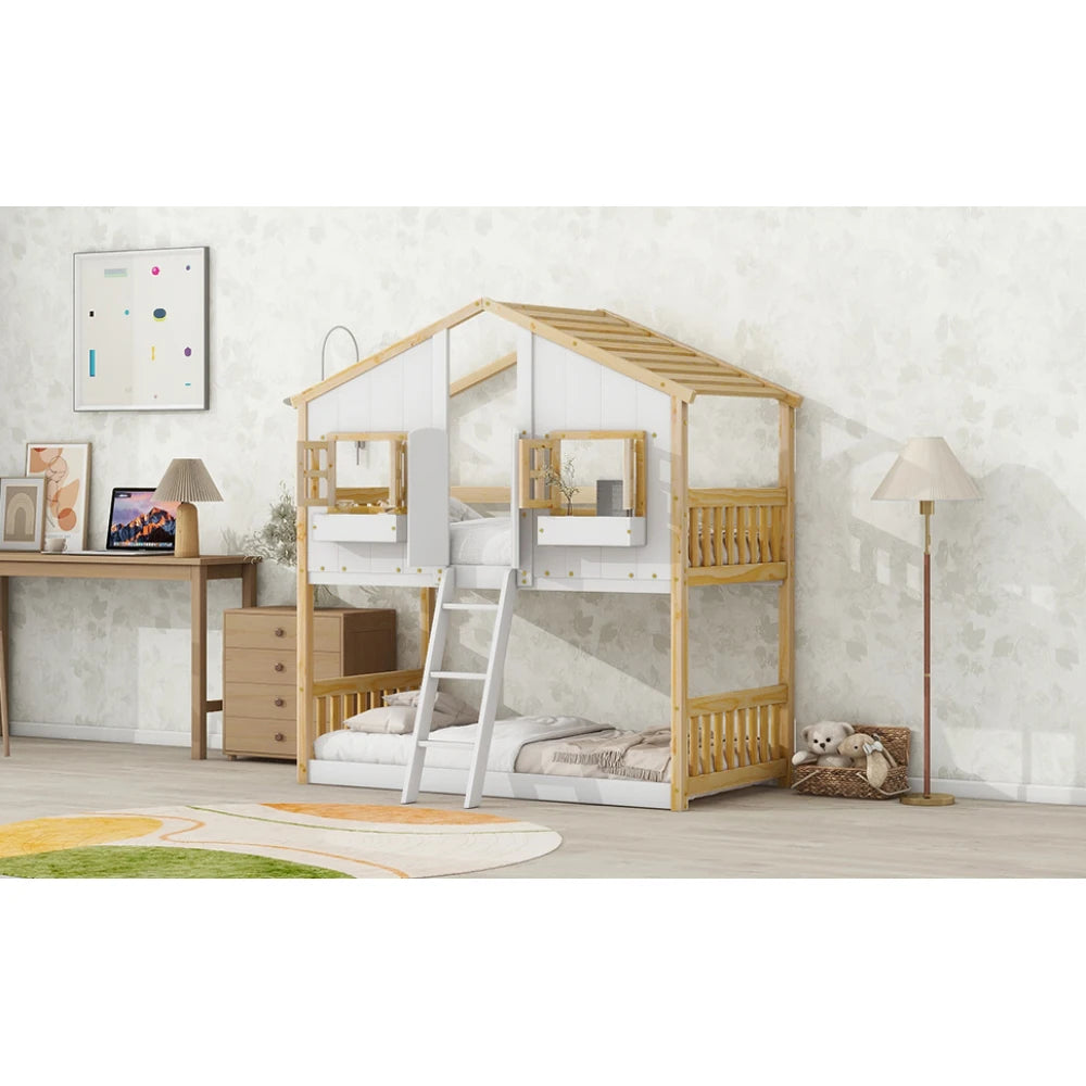 Twin over Twin House Bunk Bed with Roof , Window, Window  Box, Door , with Safety Guardrails and Ladder, Natural/White