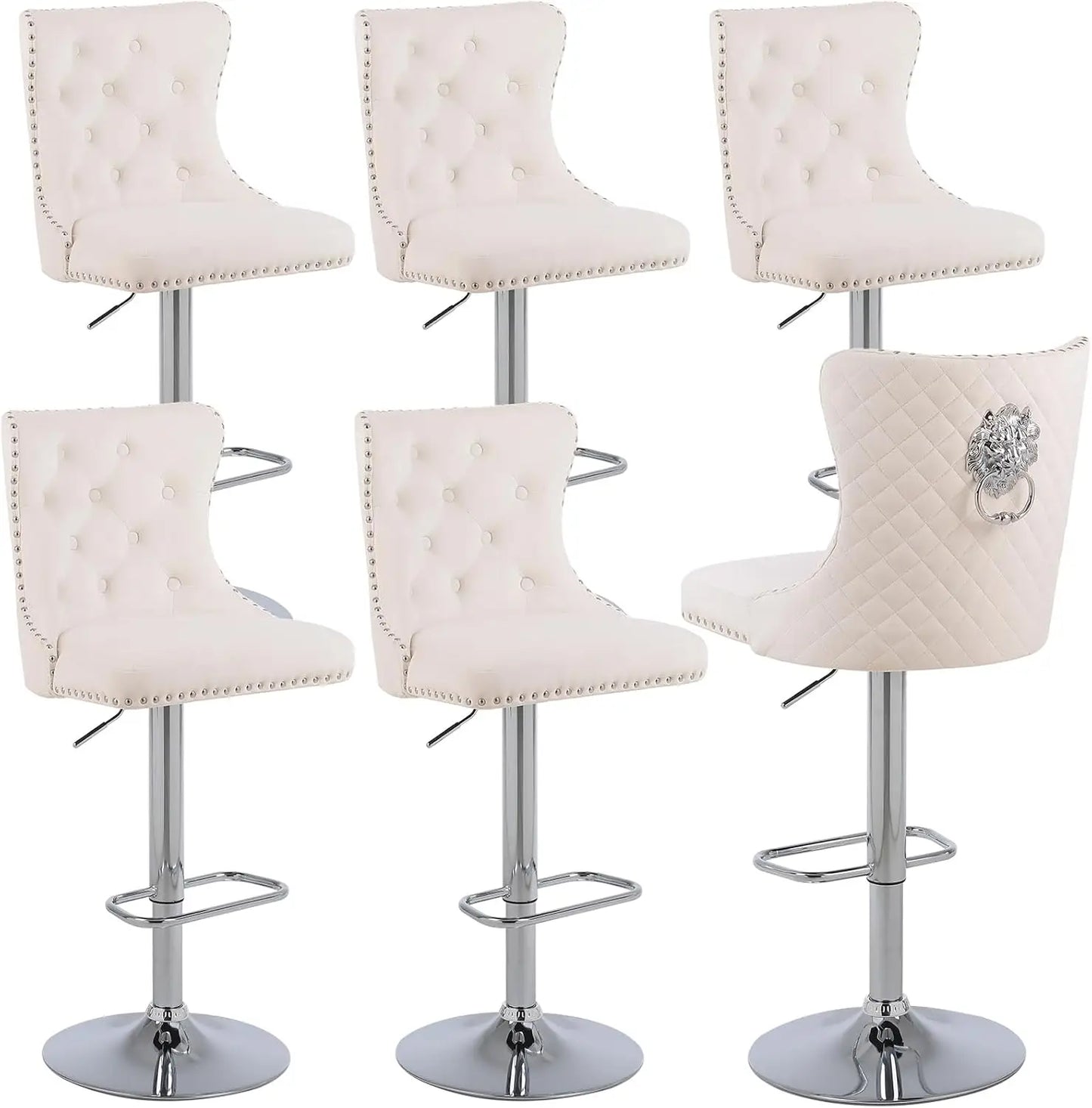 Gold Bar Stools Set of 6,  Velvet Tufted Barstools Upholstered Bar Height Chairs for Kitchen Island, Dining Room, Cafe, Cream