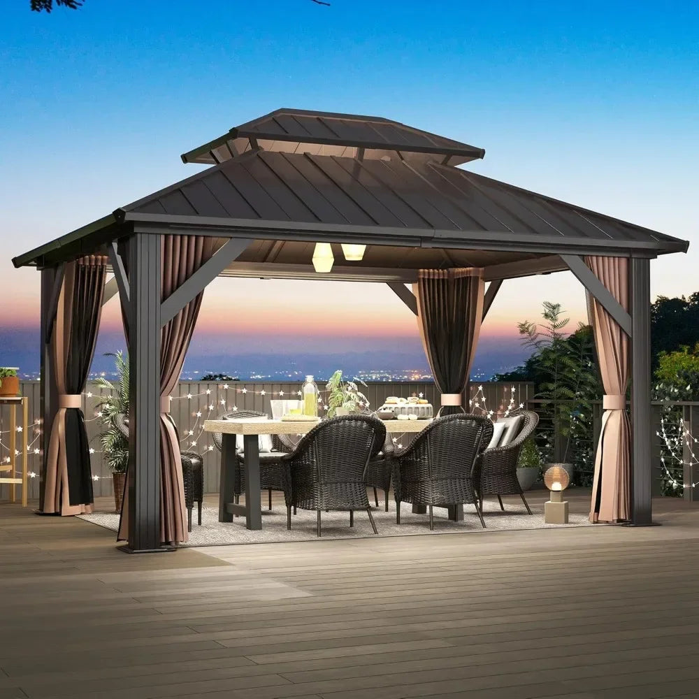 10'x12' Outdoor Hardtop Gazebo with Double Roof - Heavy-Duty Galvanized Steel Top Aluminum Frame Gazebo with Breathable Netting