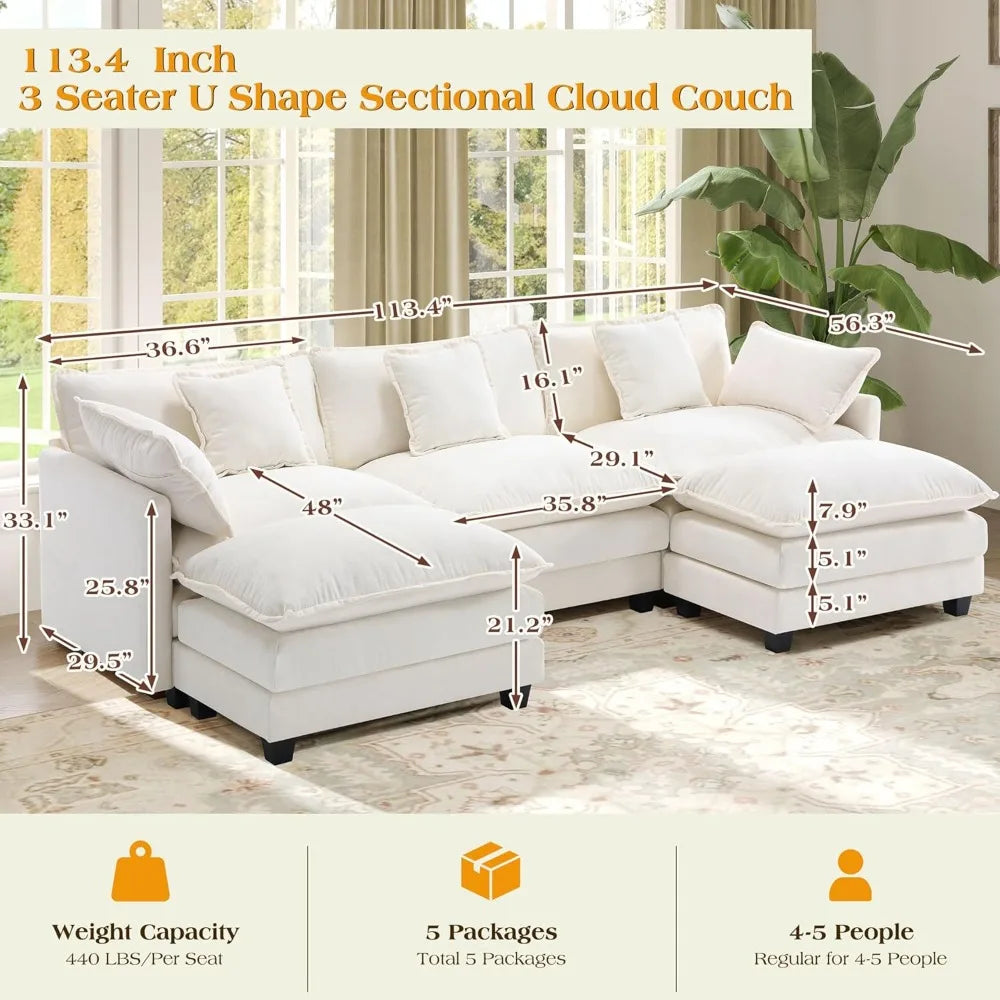 Luxury 113.4" U-Shaped Modular Sofa – 3-Seater Modern Chenille Sectional with Deep Seating, Comfy Living Room Couch