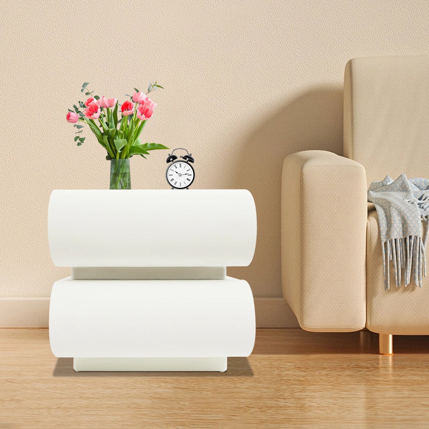 Modern Creamy White Nightstand Bedside Table End Table With 2 Drawers For Study, Bedroom, And Living Room