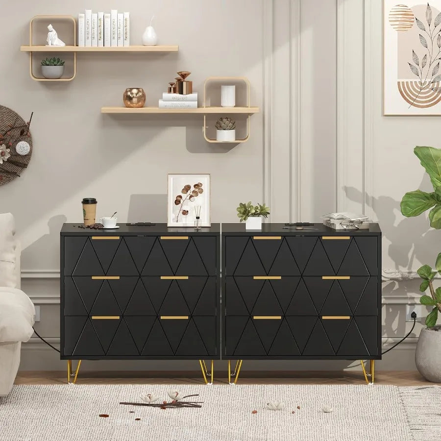 3 Drawer Wide Nightstand with Charging Station 27.6 Inch Wood Nightstand Black Dresser with Storage Drawers Bedside Table with