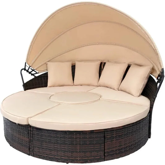 NEW Outdoor Patio Daybed with Retractable Canopy, Wicker Rattan Sectional Round Sofa Furniture Set, 5 Pieces Seating Separates