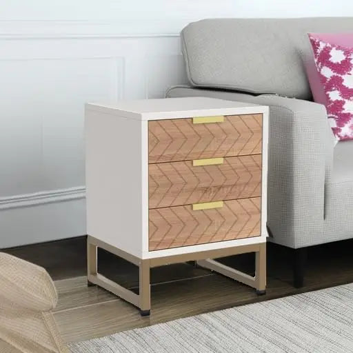 Nightstand Set of 2, Modern 3 Drawers Bedside Table with Unique Zig Zag Design, White Gold Side End Table Set of 2 for Bedroom