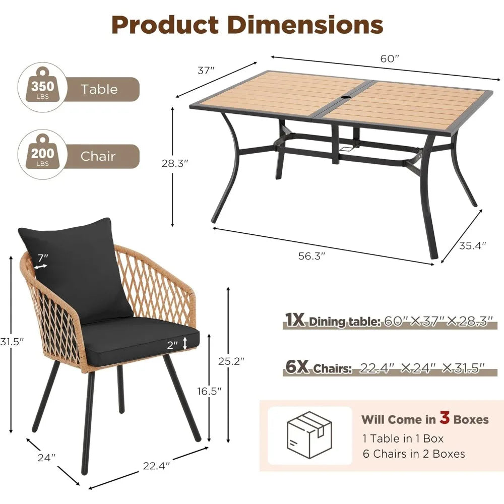 5/7/9-Piece All-Weather Rattan Patio Dining Set with 60" Wood Table Top, Removable Cushions & Umbrella Hole - Outdoor Furniture