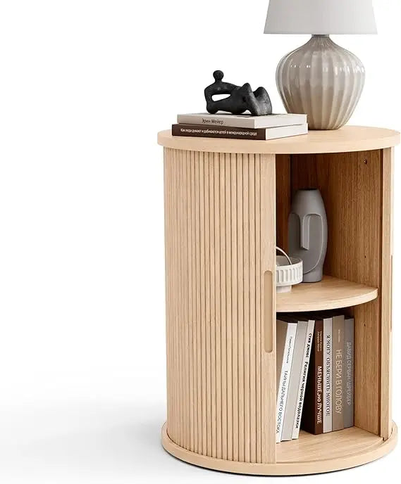 Round Fluted End Table, Tall Side Table with Sliding Tambour Door and Storage Shelf, Modern Bedside Table, Mid-Century Nightsta