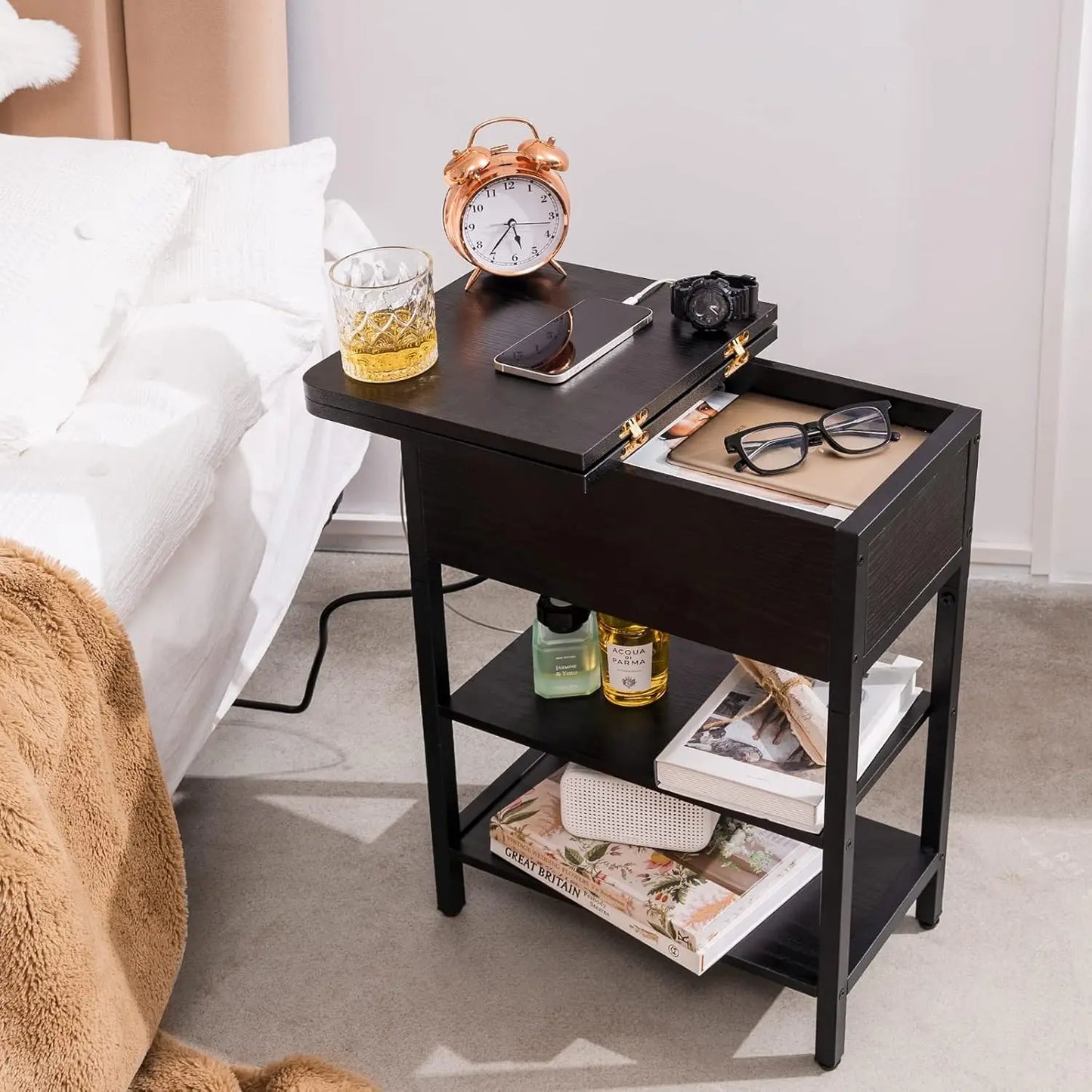 End Table w/Charging Station, Flip Top Side Table with USB Ports and Outlets, Narrow Nightstand with Storage Shelves,nightstands