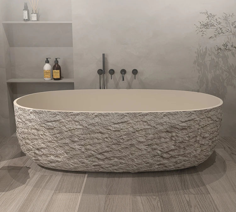 "Luxury Wabi Sabi Stone Texture Bathtub -Handmade One-Piece Artificial Rock Freestanding Tub, Artistic Bath for Home & B&B"