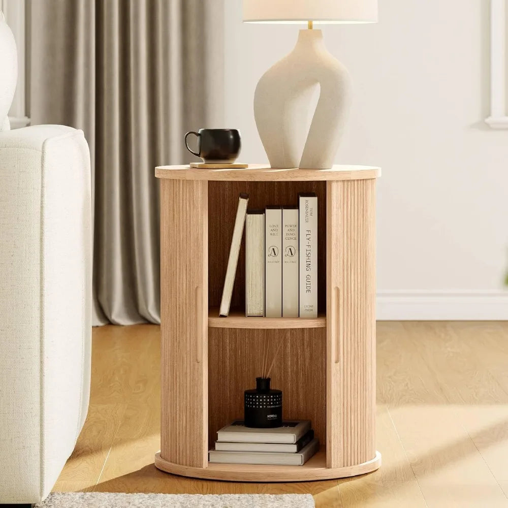Round Fluted End Table, Tall Side Table with Sliding Tambour Door and Storage Shelf, Modern Bedside Table, Mid-Century Nightsta