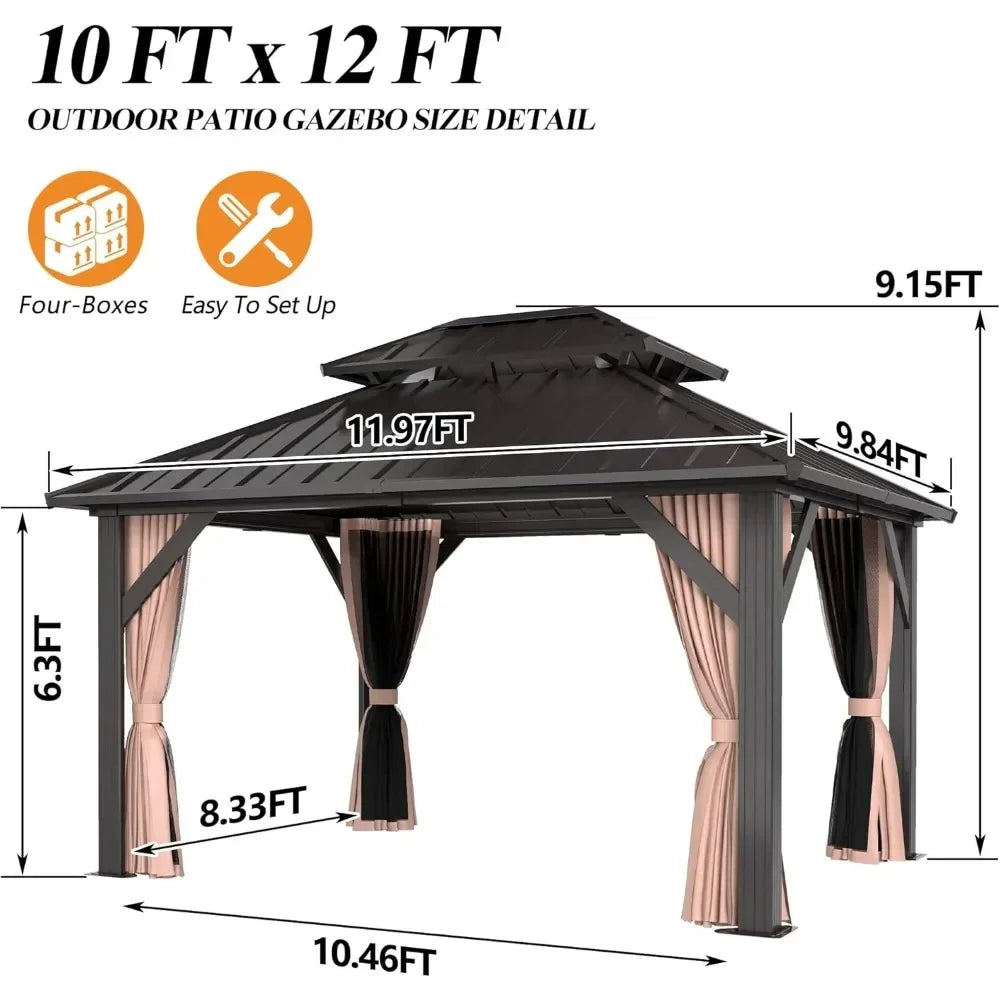 10'x12' Outdoor Hardtop Gazebo with Double Roof - Heavy-Duty Galvanized Steel Top Aluminum Frame Gazebo with Breathable Netting
