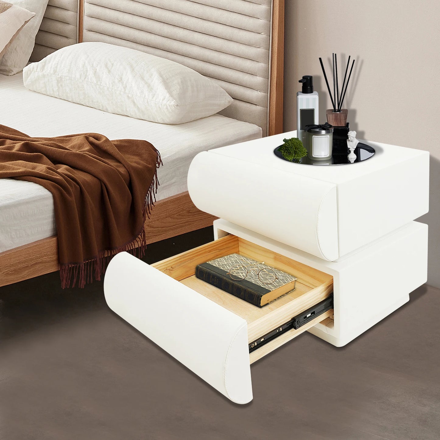 Modern Creamy White Nightstand Bedside Table End Table With 2 Drawers For Study, Bedroom, And Living Room