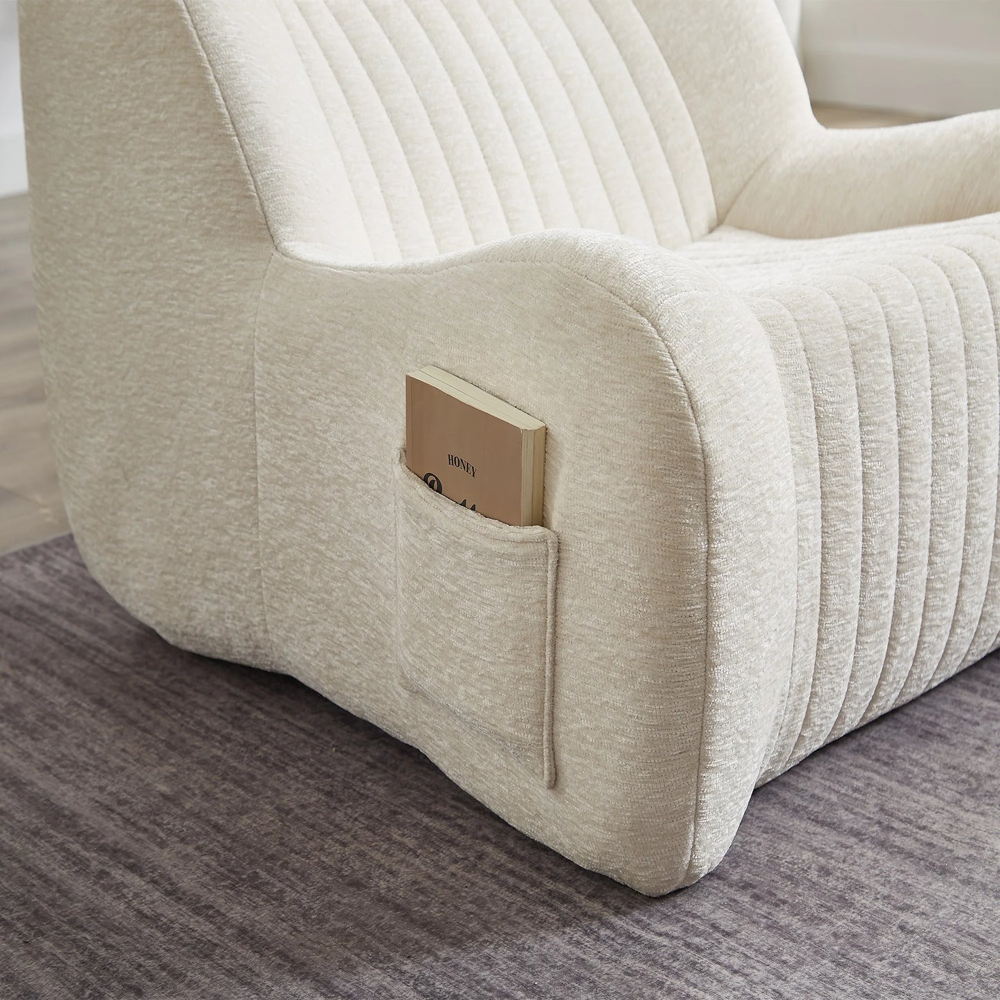 Adult with armrests, oversized beanbag chair, comfortable lazy sofa, living room, bedroom floor, leisure chair