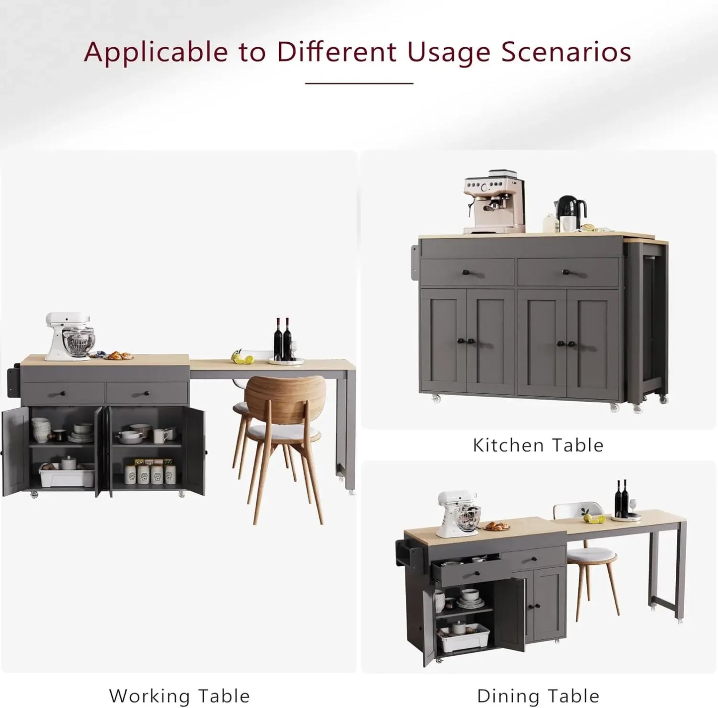 74.5" Kitchen Island with Extendable Dining Table,Rolling Kitchen Island on Wheels,Kitchen Storage Cart with 4 Door Cabinet