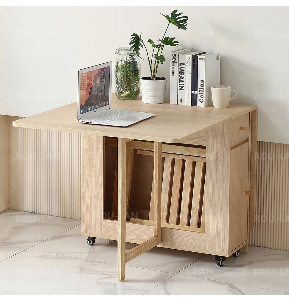 Folding Dining Table with 2 Drawers and 4 Wheels for Living Room,Kitchen, Farmhouse, Space Saving Table