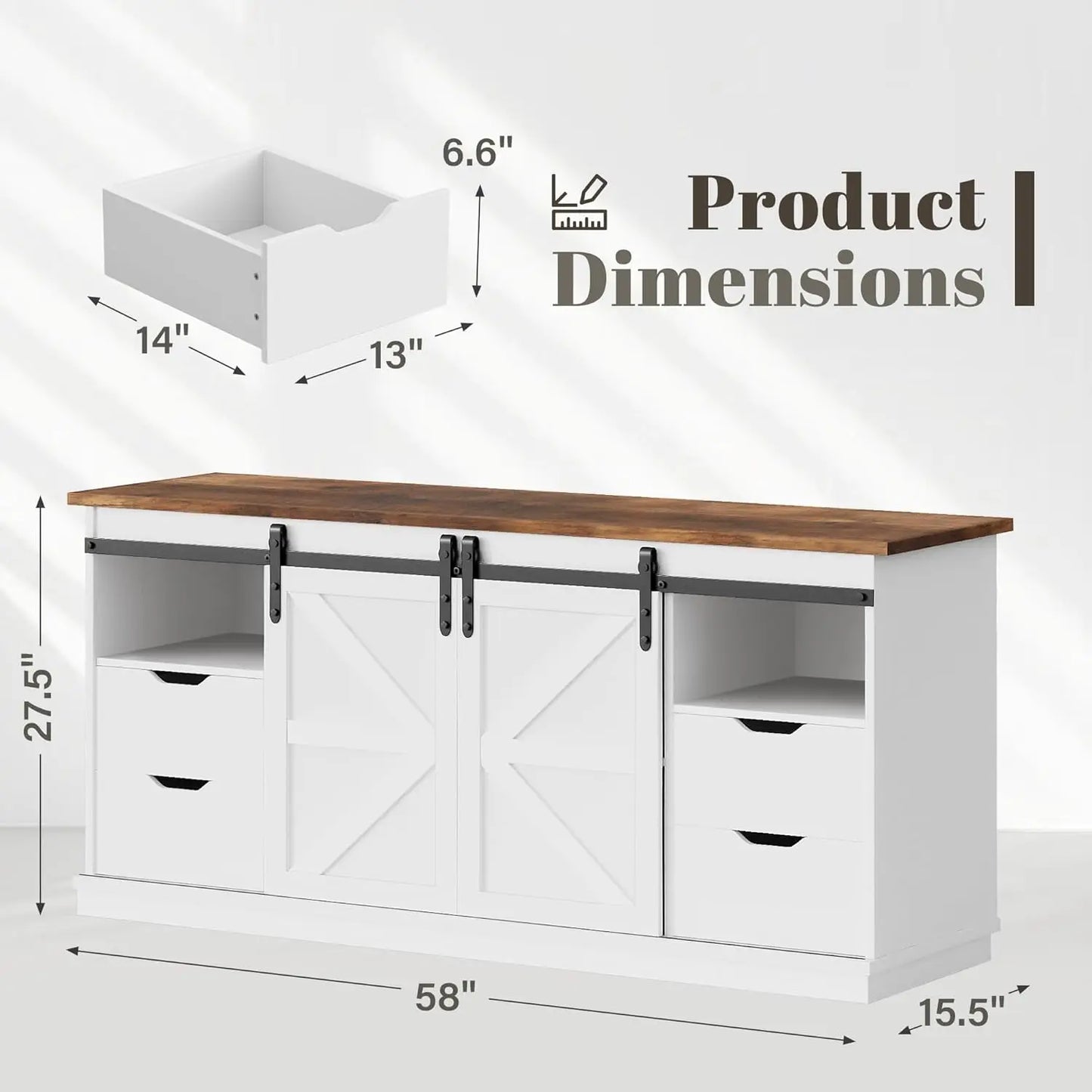 TV Stand for Televisions up to 65 Inchs, with Sliding Barn Doors and 4 Storage Drawers, Console Table and Media Furniture
