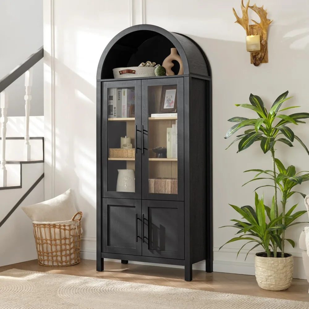 71" Arched Bookcase (5-Tier) - Farmhouse Style w/ Glass Doors, for Living Room/Office/Kitchen