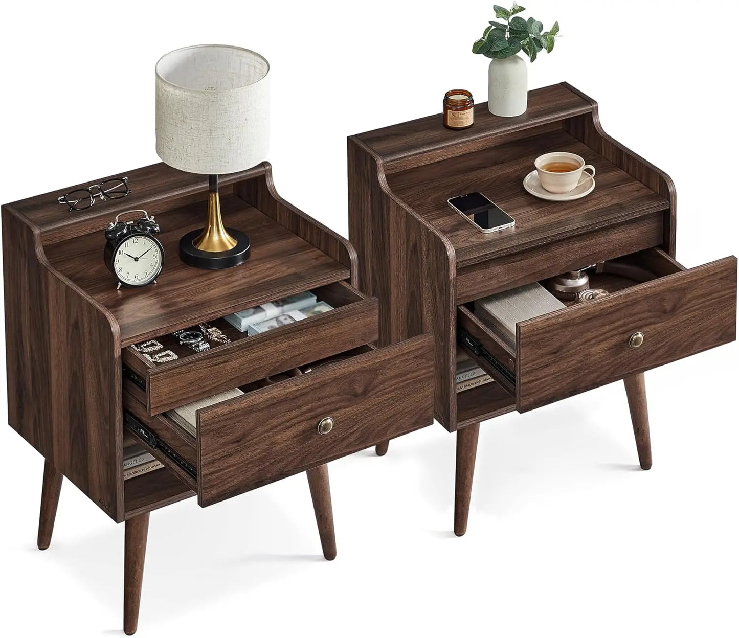 Nightstands, Set of 2, Bedside Tables with Hidden Drawers, Mid-Century End Side Tables with Solid Wood Legs, for Bedroom