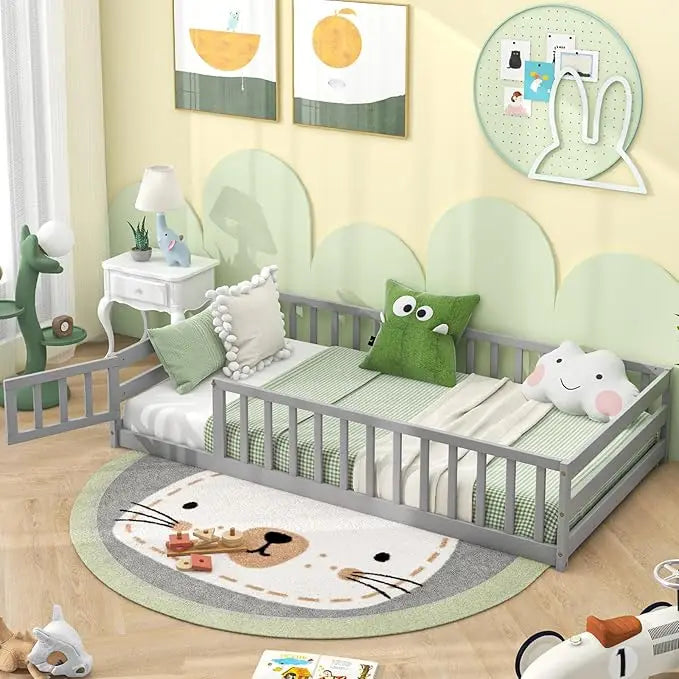 Giantex Twin Floor Bed with Door & Fence, Kids Wood Montessori Bed with Safety Guardrails, Floor Bed Frame for Kids, Boys, Girls