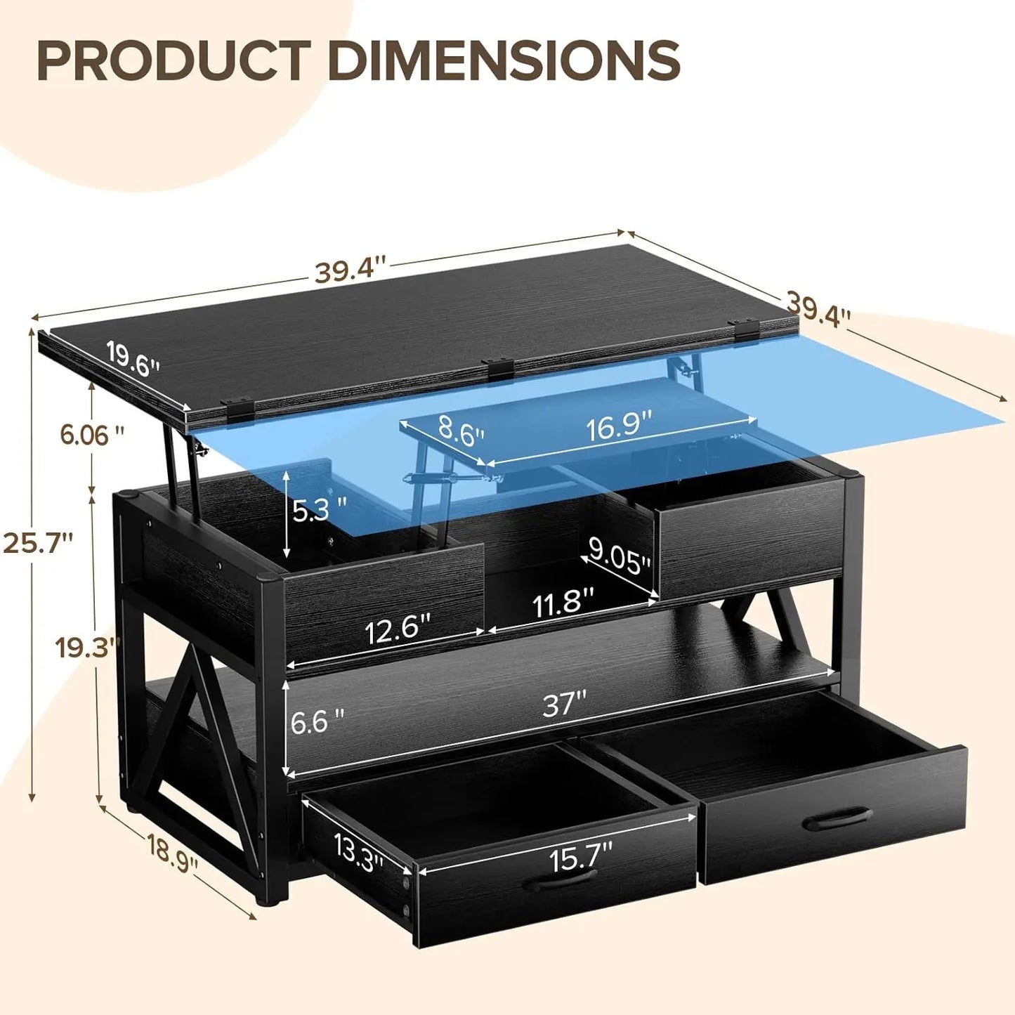 40Lift Top Coffee Table,4in1 Multi-Function Lift Coffee Tables with Storage Drawers and Hidden Compartmen,Farmhouse Coffee Table