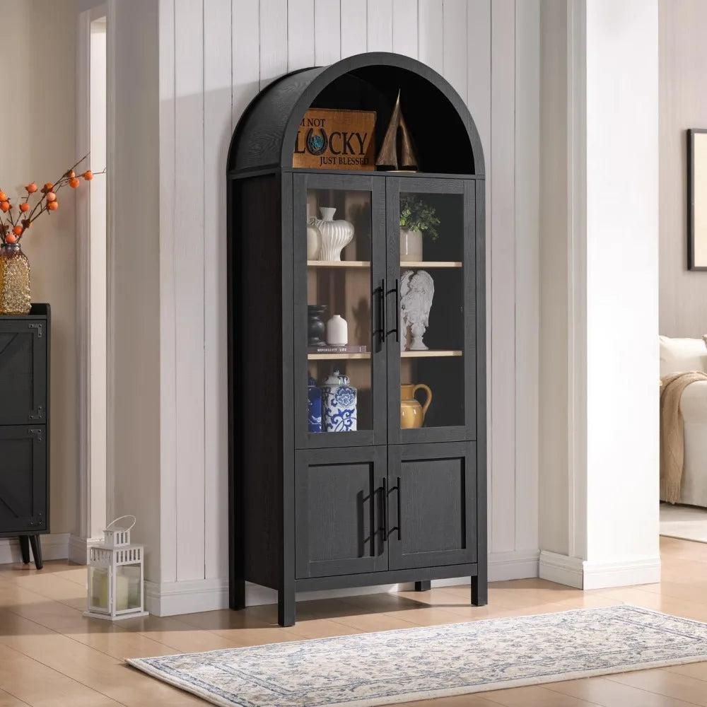 71" Arched Bookcase (5-Tier) - Farmhouse Style w/ Glass Doors, for Living Room/Office/Kitchen