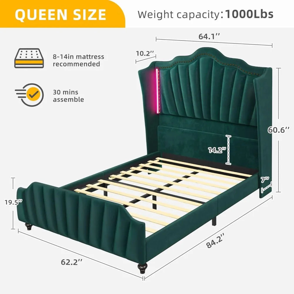YITAHOME Queen Size Platform Bed Frame with 60" Tall Wingback Headboard and Footboard, Velvet Upholstered Bed with LED Light, So
