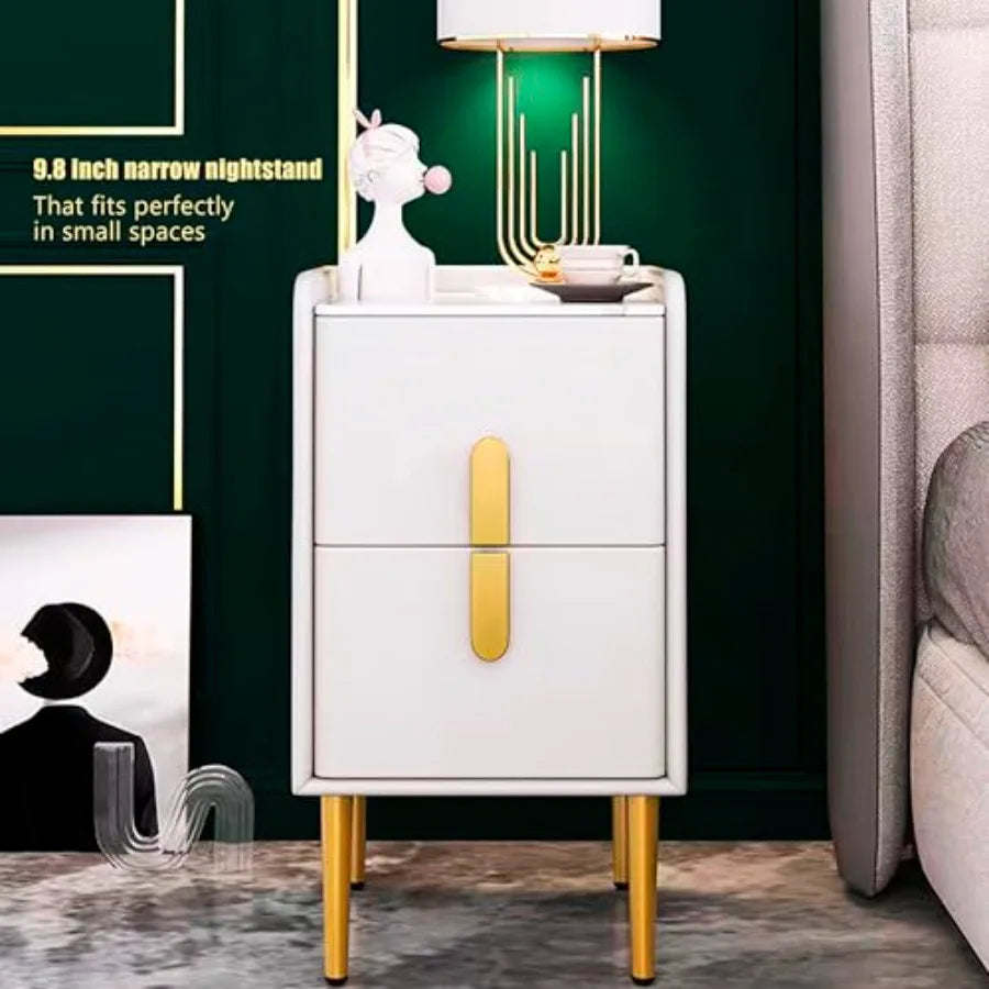 Modern rrow Nightstand Slim Skinny White Nightstand with 2 Drawers for Bedroom Small End Bedside Table Textured Faux Leather Ma
