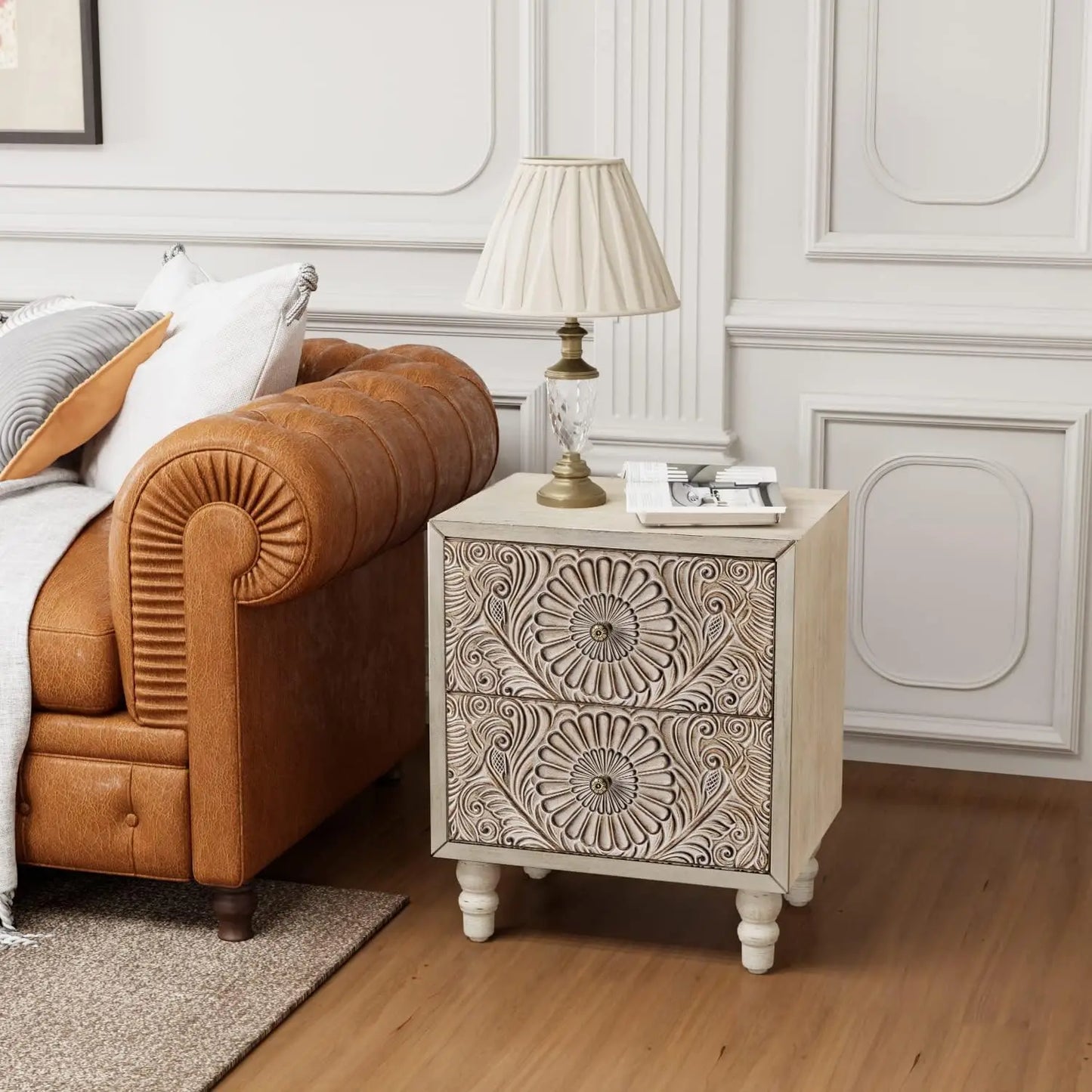 Nightstand, 14" D x 18" W x 21.5" H MDF End Table with 2 Drawers, Vintage Style Wood Bedside Table, Bedroom Accessories for Home