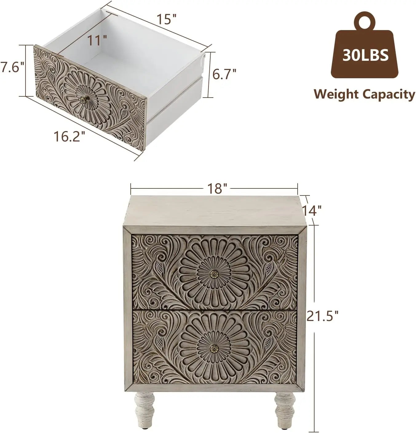 Nightstand, 14" D x 18" W x 21.5" H MDF End Table with 2 Drawers, Vintage Style Wood Bedside Table, Bedroom Accessories for Home