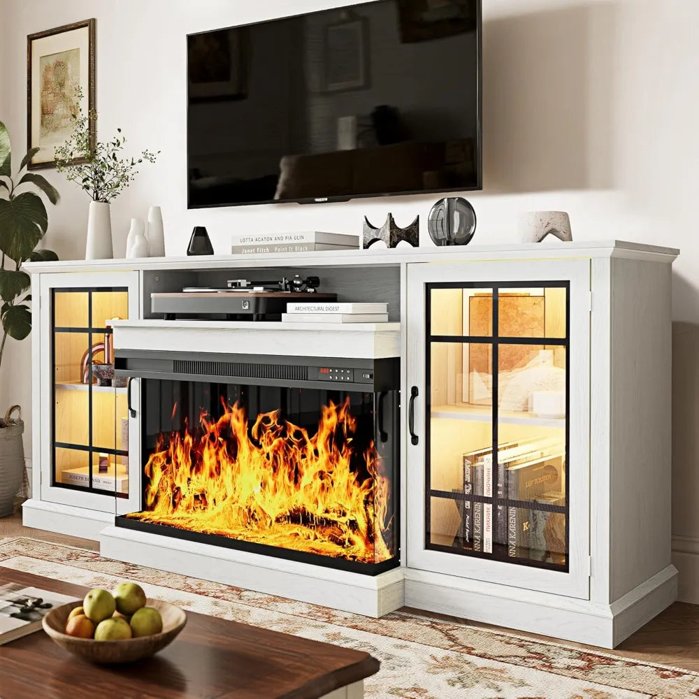 70'' Fireplace TV Stand, Farmhouse Entertainment Center with 3 Sided Glass TV Stand, Modern Media Console Table with Storage