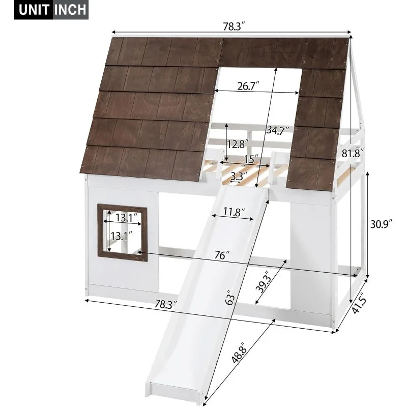 Merax Twin Over Twin House Bunk Bed Frame with Roof,Window,Ladder and Slide for Boys Girls, White & Brown