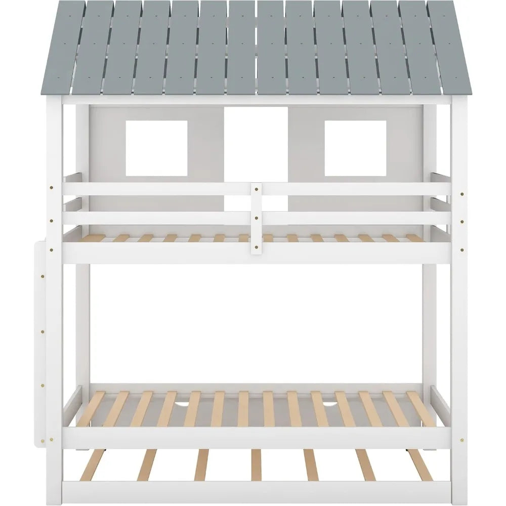 Designs House Bunk Bed for Kids, Twin Over Twin Bunk Bed with Trundle, Kids Playhouse Bunk Beds for Girls & Boys No Box Spring