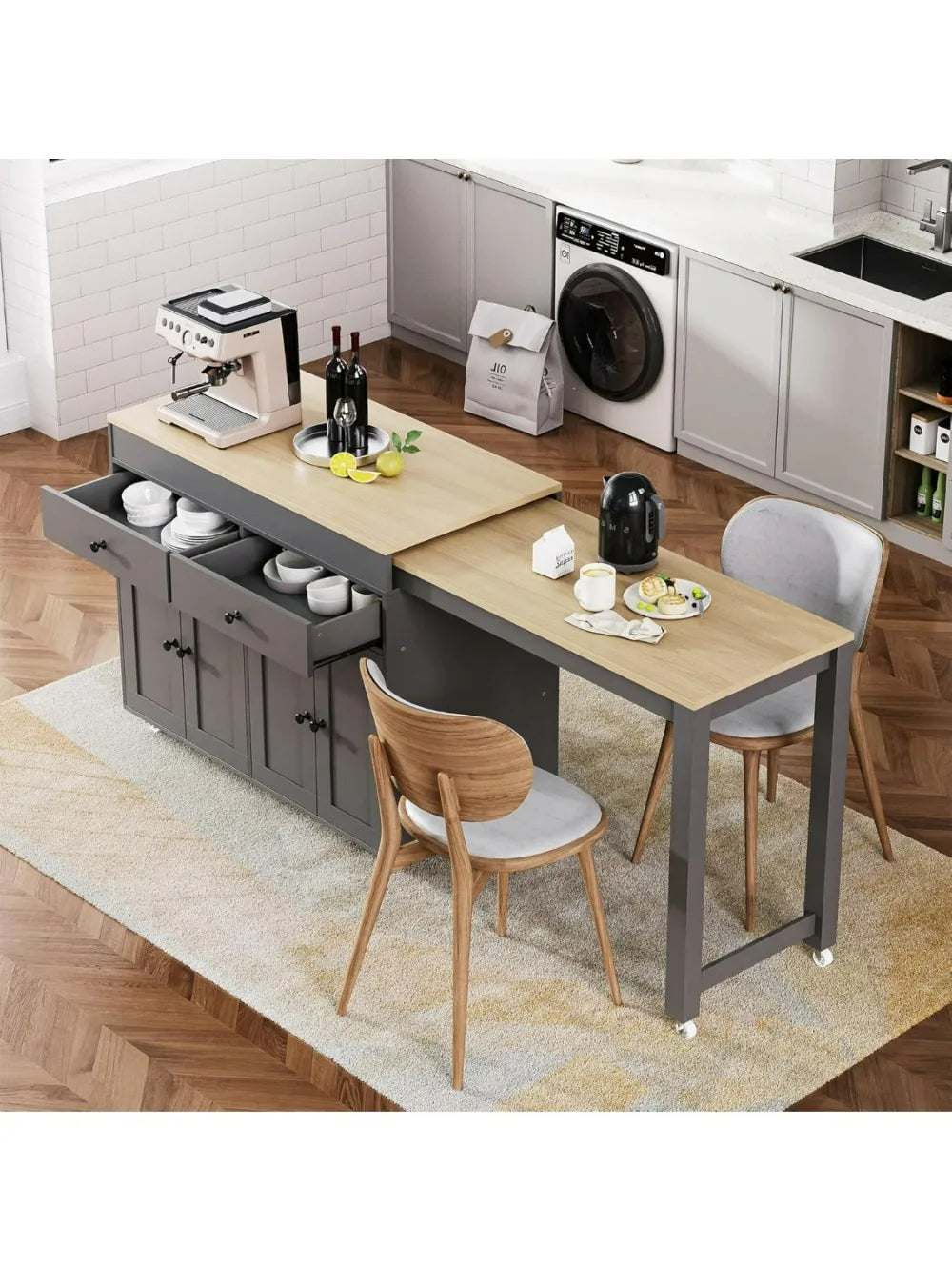 74.5" Kitchen Island with Extendable Dining Table,Rolling Kitchen Island on Wheels,Kitchen Storage Cart with 4 Door Cabinet