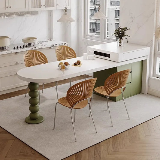 Island Table French Light Luxury Retractable Integrated Celebrity Family Apartment Arc Island Rock Plate Dining Table And Chairs