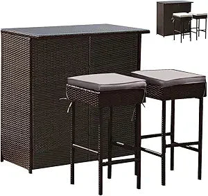 3 Piece Patio Bar Set, Outdoor Rattan Bar Table and 2 Stools with Tempered Glass Tabletop, 2-Tier Storage, Removable Cushions,