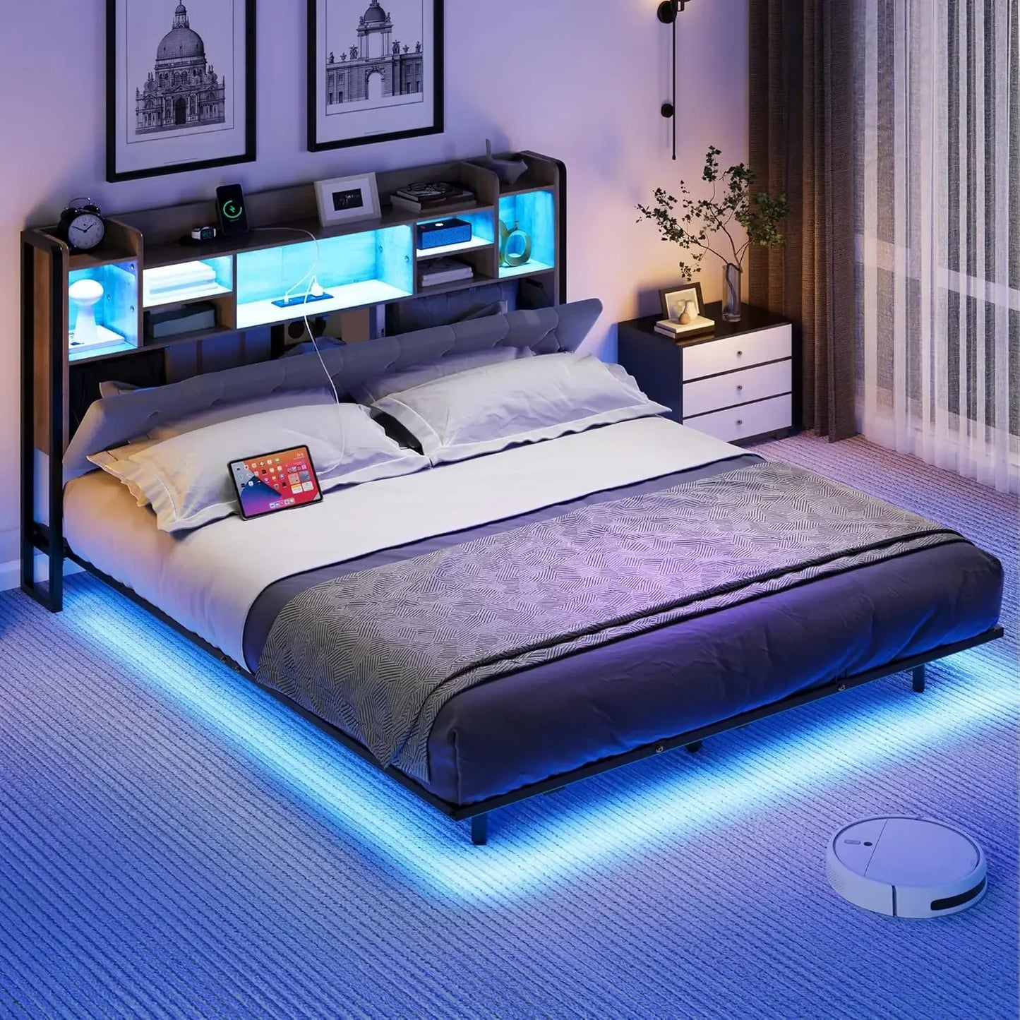 LED King Size Floating Bed Frame with Headboard Storage and Charging Station, Upholstered Platform, No Box Spring Needed