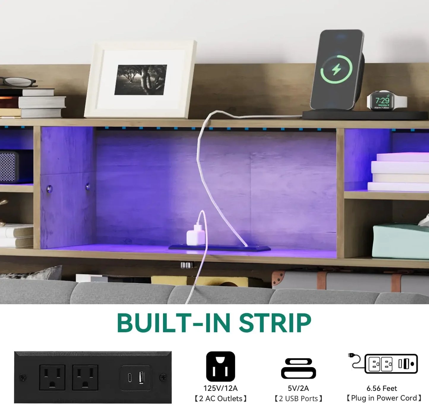 LED King Size Floating Bed Frame with Headboard Storage and Charging Station, Upholstered Platform, No Box Spring Needed