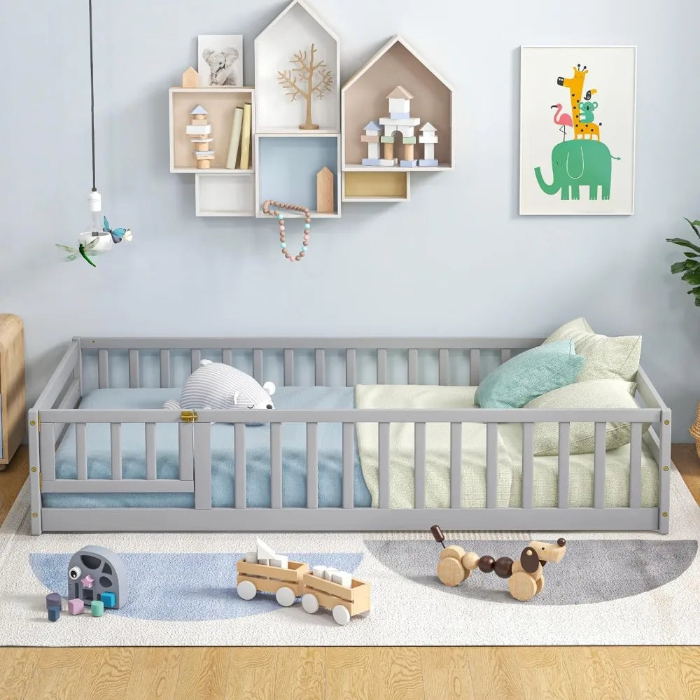 Giantex Twin Floor Bed with Door & Fence, Kids Wood Montessori Bed with Safety Guardrails, Floor Bed Frame for Kids, Boys, Girls
