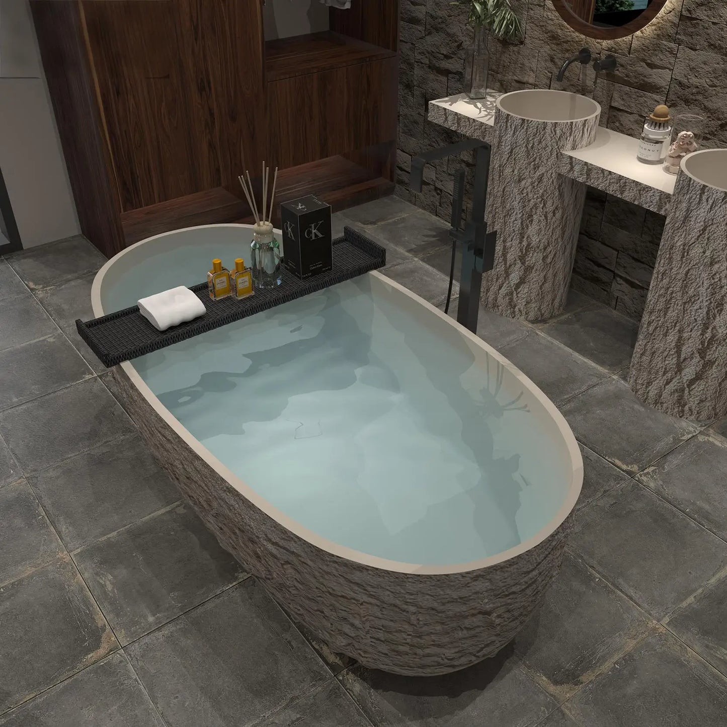 "Luxury Wabi Sabi Stone Texture Bathtub -Handmade One-Piece Artificial Rock Freestanding Tub, Artistic Bath for Home & B&B"