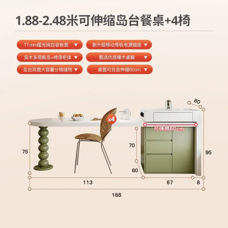 Island Table French Light Luxury Retractable Integrated Celebrity Family Apartment Arc Island Rock Plate Dining Table And Chairs