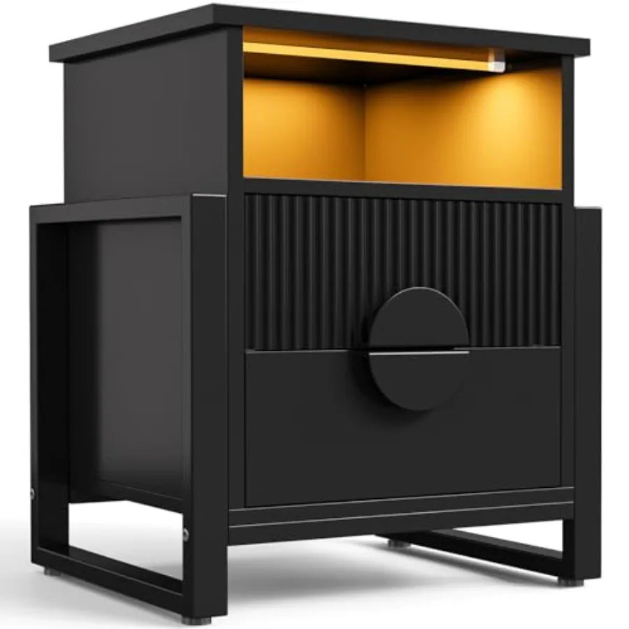 Fluted Nightstand with Charger Station Strip Lights Large 20.47 W Night Stand with 2 Drawers Accent Bed Side Table and End Tabl