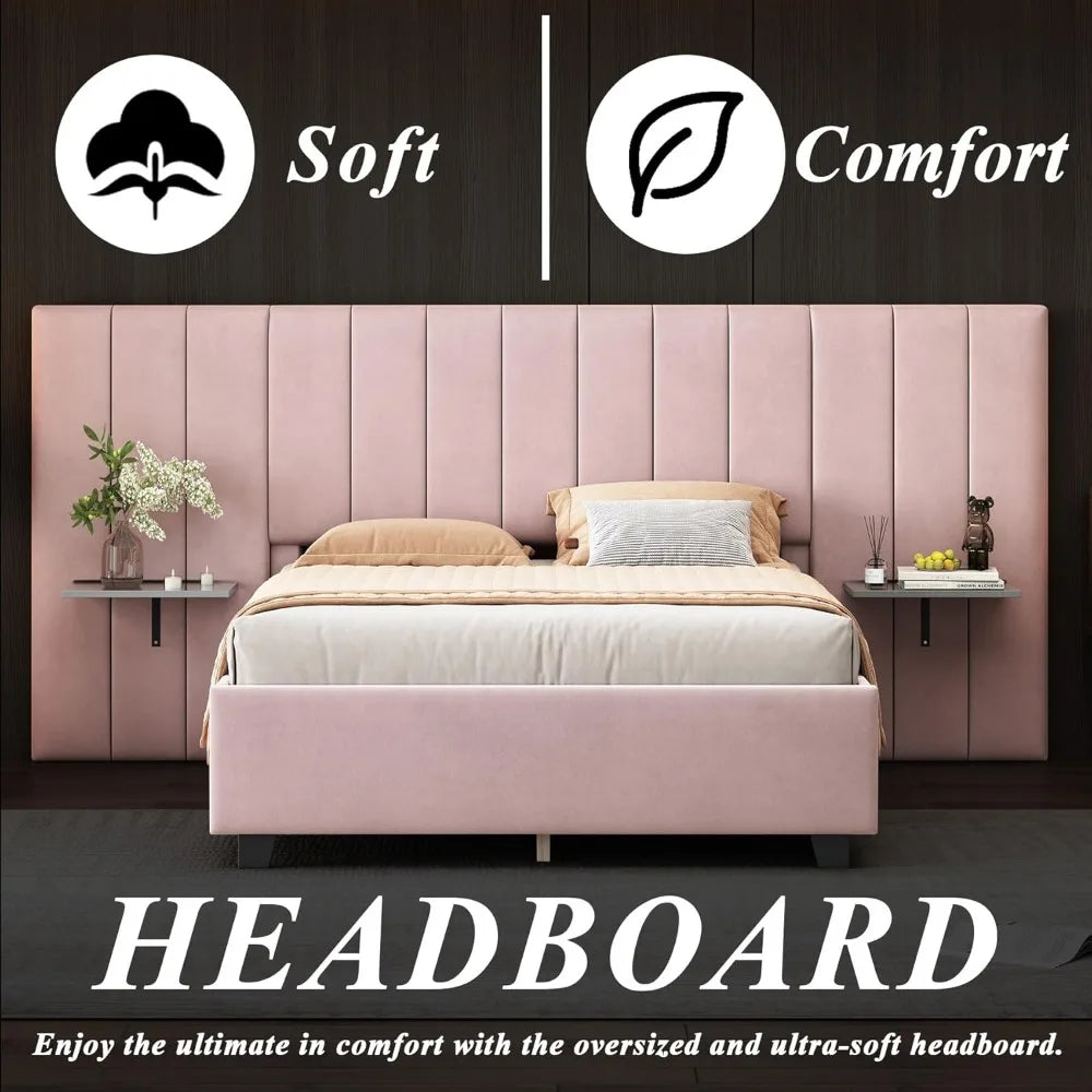 Luxury Bed Frame with Tall Headboard, Tall Upholstered Bed Frame Queen with Integrated Bedside Shelves, Modern Bed Frame & Soft