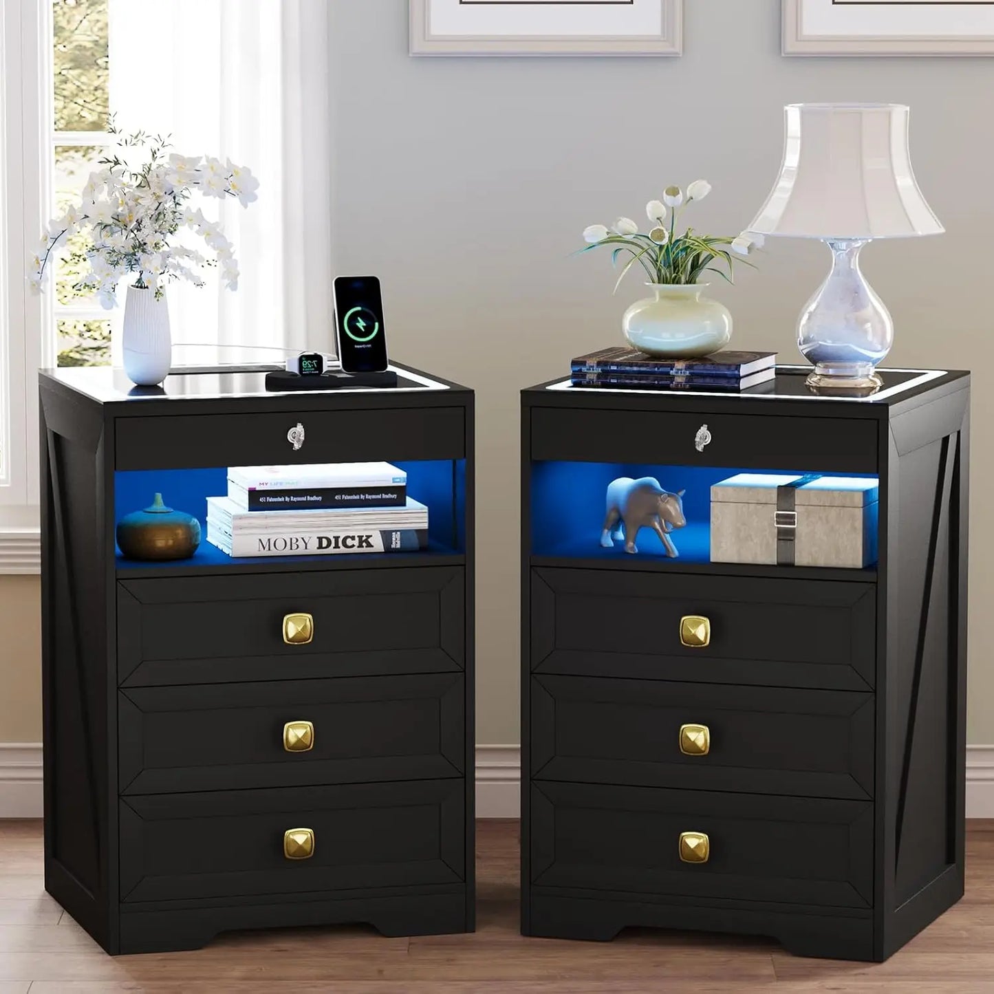 Smart Nightstand with Lockable Gun Drawer,Farmhouse Bedside Table with Charging Station and 3 LED Lights, Modern Night Stand