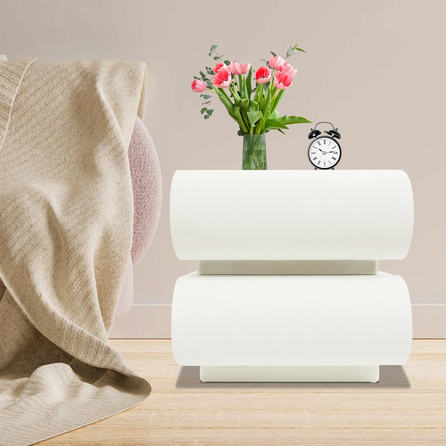 Modern Creamy White Nightstand Bedside Table End Table With 2 Drawers For Study, Bedroom, And Living Room