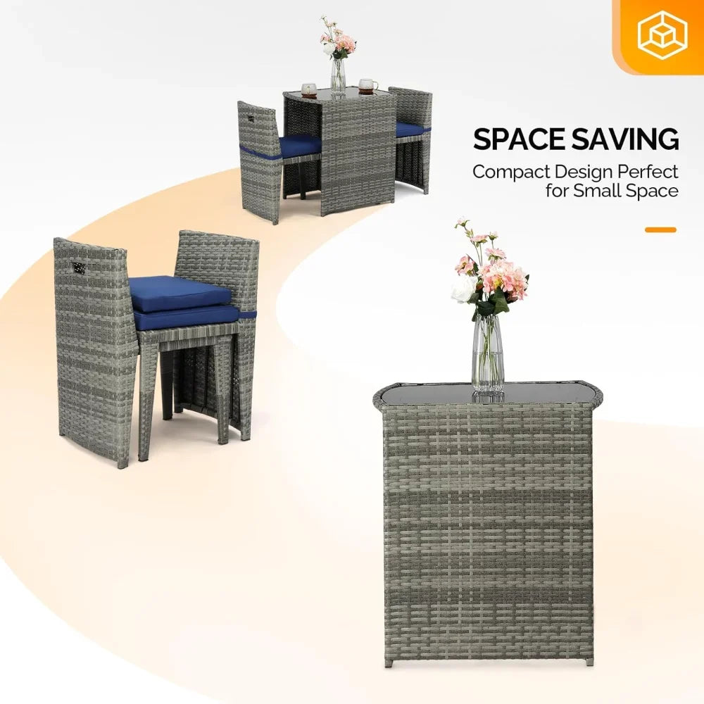 3 PCS Wicker Outdoor Patio Bistro Set, Patio Furniture Set for Small Space with Glass Top Table Dining Chairs