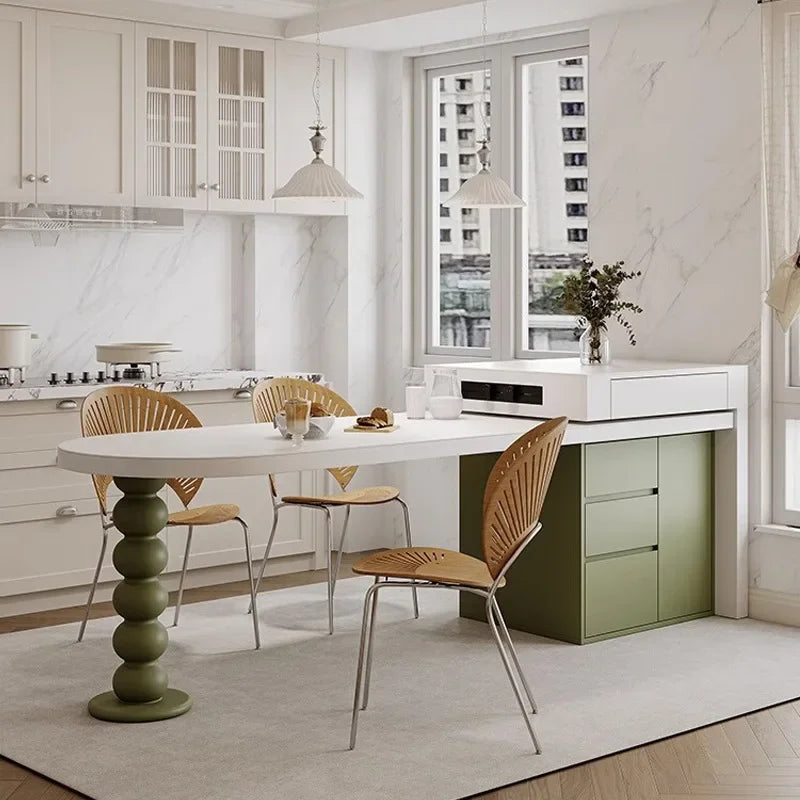 Island Table French Light Luxury Retractable Integrated Celebrity Family Apartment Arc Island Rock Plate Dining Table And Chairs